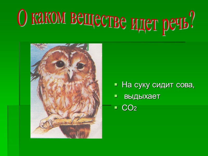 На суку сидит сова,  выдыхает  СО2 О каком веществе идет речь?